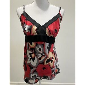 Y2K Babydoll Top Woman's L Red Black Empire Waist‎ Abstract Tie Back Silky 90s